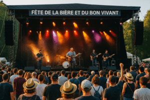 Concert en plein air à la Fête de la Bière à Taupont avec public dansant