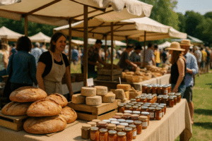Stands d'artisans locaux proposant fromages, pains et produits du terroir